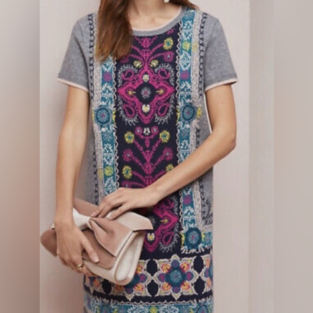 Anthropologie Gray and Pink Patten Sweater Mini Dress by Akemi + Kin